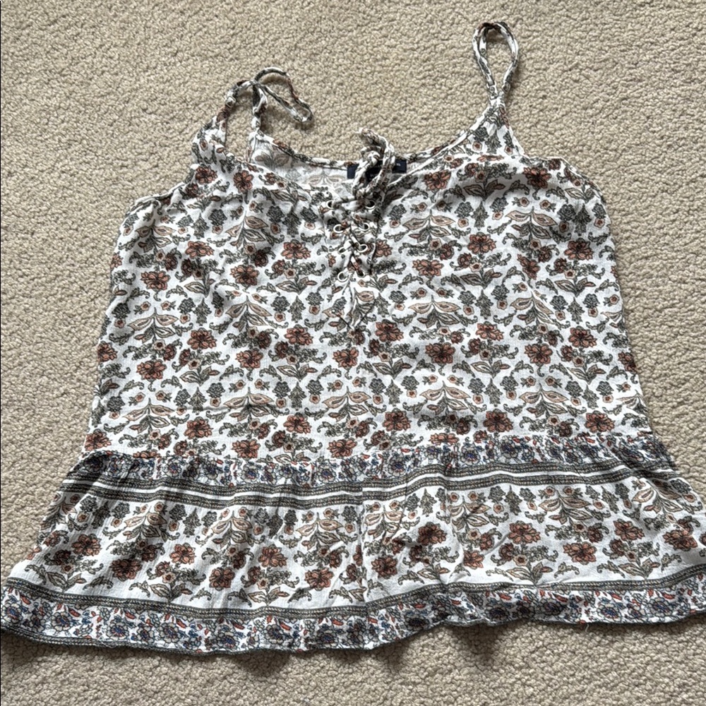 American Eagle Rustic Floral Tank with Tie Front Peplum